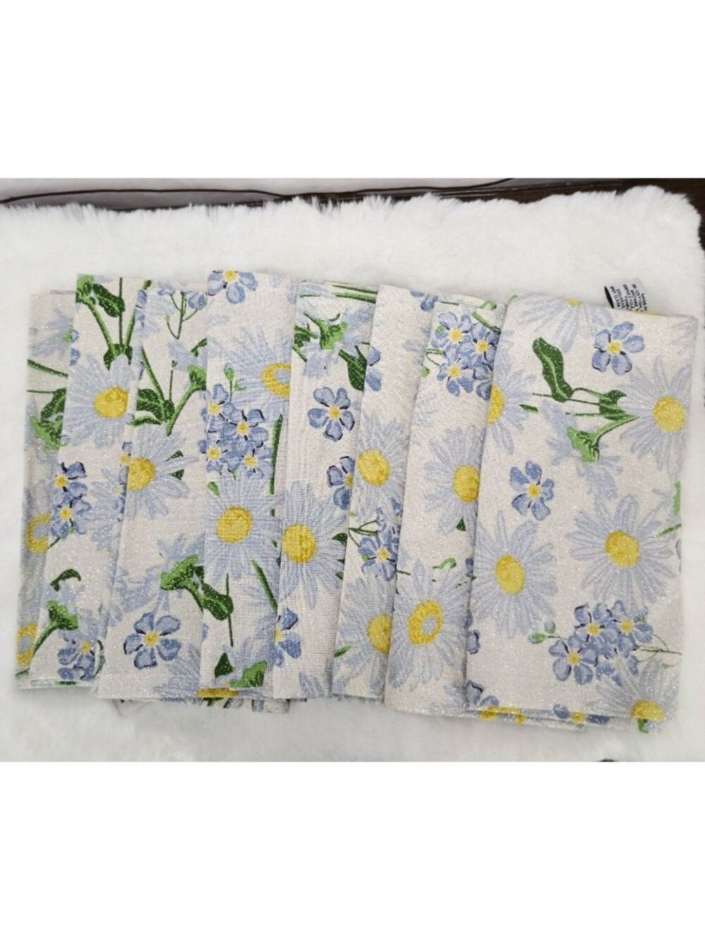 House & Garden Blue Daisy Cloth Napkins Set 8 Shimmery Off-White Metallic Floral